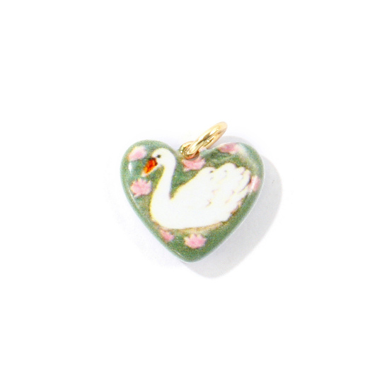 Immagine di 1 Pz Ottone Ciondoli All'Ingrosso, Cuore Cigno Placcato Oro 18K Bianco Stampato 18mm x 16mm