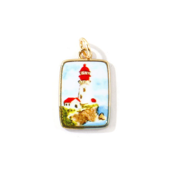 Immagine di 1 Pz Ottone Ciondoli All'Ingrosso, Rettangolo Faro Placcato Oro 18K Multicolore Stampato 26mm x 14mm