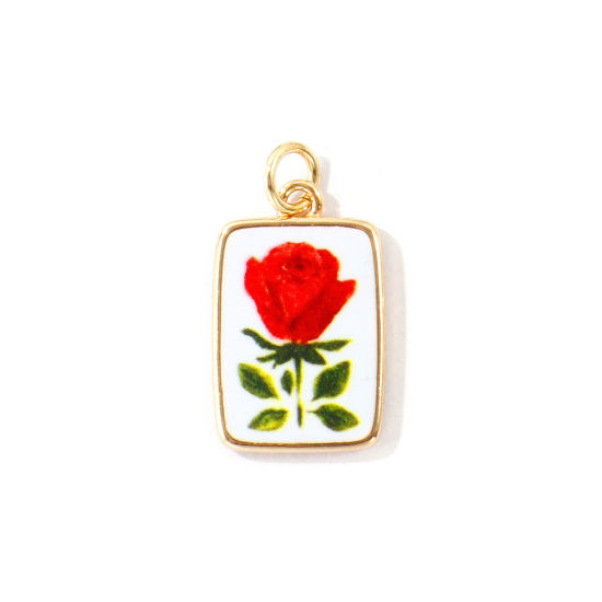 Immagine di 1 Pz Ottone Ciondoli All'Ingrosso, Rettangolo Rosa Placcato Oro 18K Rosso Stampato 26mm x 14mm