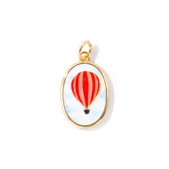 Immagine di 1 Pz Ottone Ciondoli All'Ingrosso, Ovale Palloncino Placcato Oro 18K Rosso Stampato 27mm x 14mm