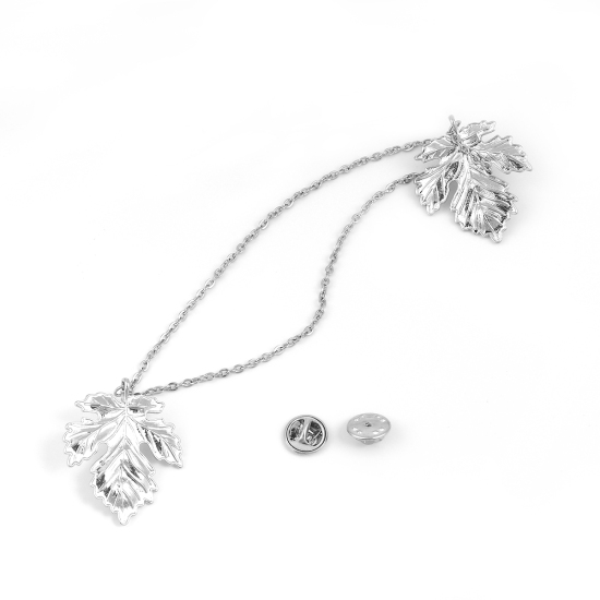 Image de 1 Pièce Broche Epingle Style Pastoral Feuille d'érable Argent Mat 21.8cm x 3.2cm