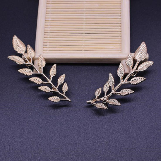 Image de 1 Paire Broche Epingle Style Pastoral Feuille Argent Mat 6.5cm x 2.2cm