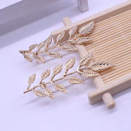 Image de 1 Paire Broche Epingle Style Pastoral Feuille Argent Mat 6.5cm x 2.2cm