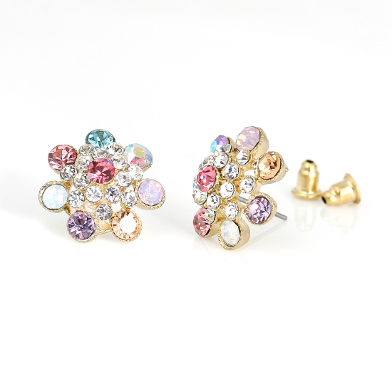 ファション ピアス フラワー 金メッキ 多色ラインストーン キャッチ付き 19mm x 18mm、 1 ペア の画像