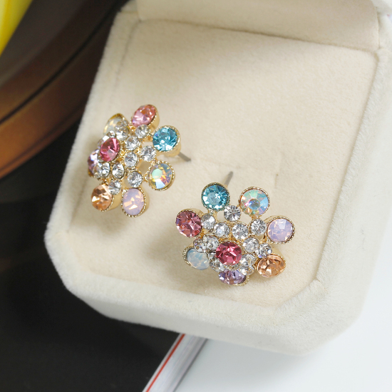ファション ピアス フラワー 金メッキ 多色ラインストーン キャッチ付き 19mm x 18mm、 1 ペア の画像
