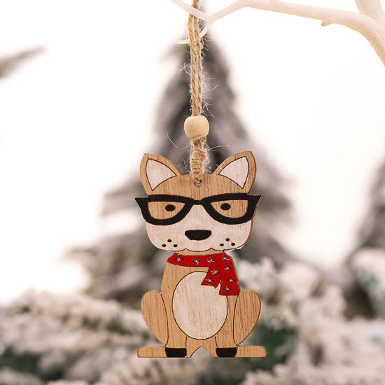 ウッド クリスマス ストラップ ライトブラウン 犬 8.5cm x 5.5cm、 1 個 の画像