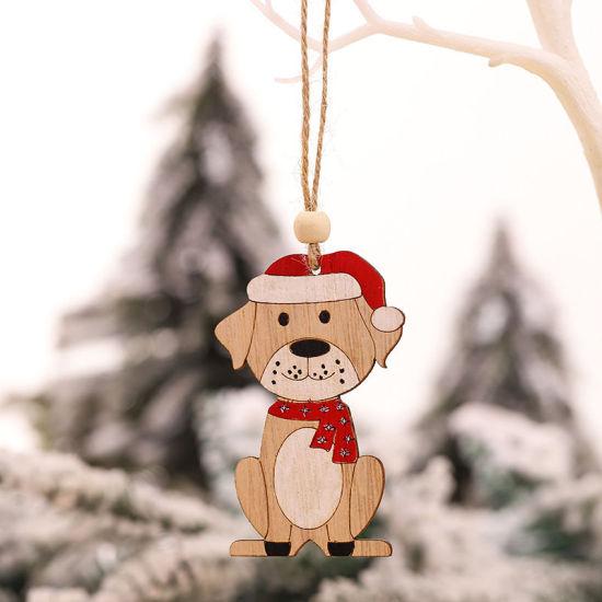 ウッド クリスマス ストラップ ライトブラウン 犬 8.5cm x 5.5cm、 1 個 の画像