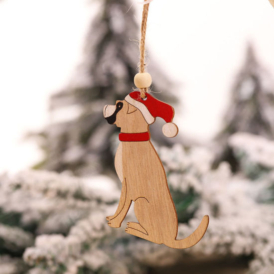 ウッド クリスマス ストラップ ライトブラウン 犬 8.5cm x 7.5cm、 1 個 の画像