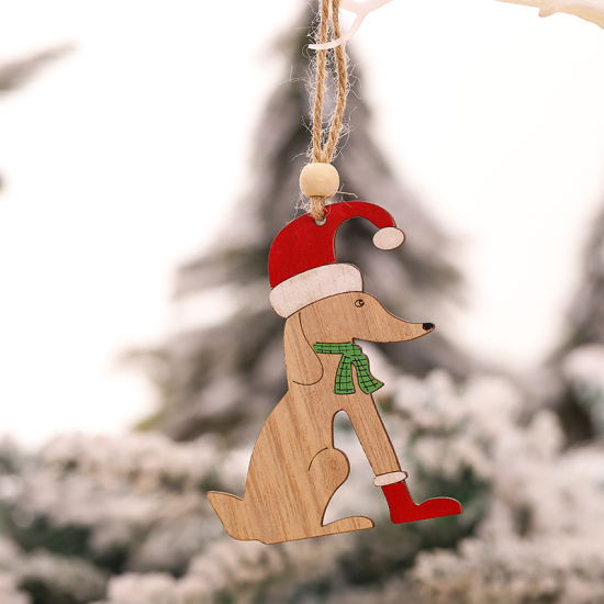 ウッド クリスマス ストラップ ライトブラウン 犬 8.5cm x 6.5cm、 1 個 の画像
