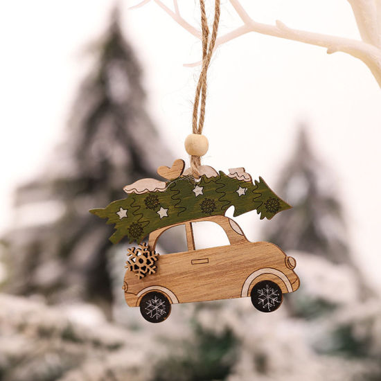 ウッド クリスマス ストラップ 緑 車 クリスマスツリー 8.5cm x 6.5cm、 1 個 の画像