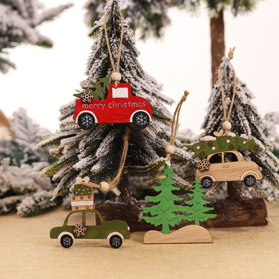 ウッド クリスマス ストラップ 緑 車 クリスマスツリー 8.5cm x 6.5cm、 1 個 の画像