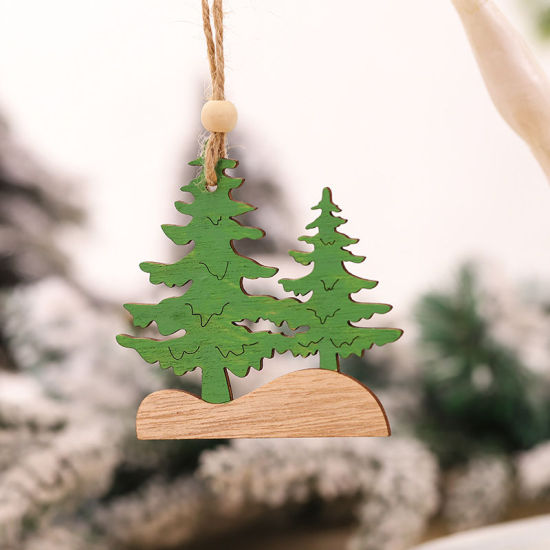 ウッド クリスマス ストラップ 緑 クリスマスツリー 8.5cm x 8cm、 1 個 の画像