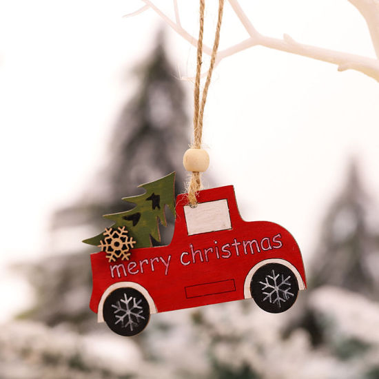ウッド クリスマス ストラップ 赤 車 クリスマスツリー 8.5cm x 6cm、 1 個 の画像