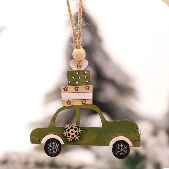 ウッド クリスマス ストラップ 緑 ギフトボックス 車 8.5cm x 7.5cm、 1 個 の画像