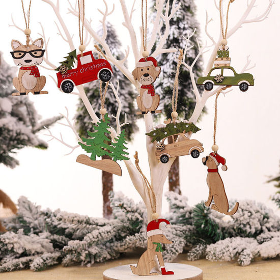 ウッド クリスマス ストラップ 緑 ギフトボックス 車 8.5cm x 7.5cm、 1 個 の画像