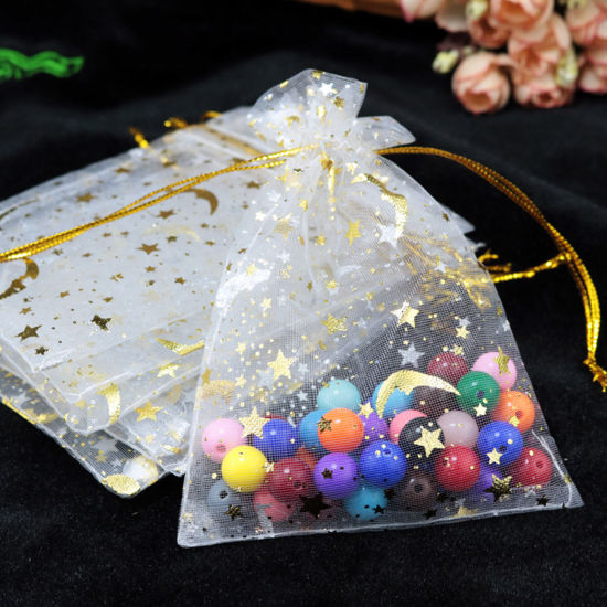 Image de Cadeau de Mariage Sac à Cordon en Organza Galaxie Demi Lune Blanc Etoile 12cm x 9cm, 20 Pcs