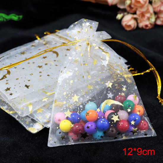 Image de Cadeau de Mariage Sac à Cordon en Organza Galaxie Demi Lune Blanc Etoile 12cm x 9cm, 20 Pcs