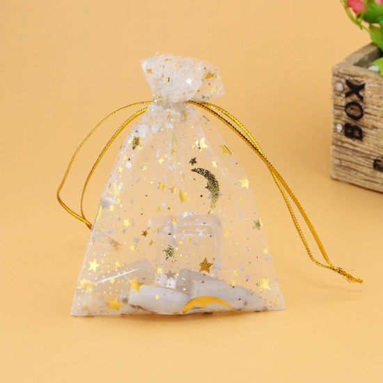 Image de Cadeau de Mariage Sac à Cordon en Organza Galaxie Demi Lune Blanc Etoile 12cm x 9cm, 20 Pcs