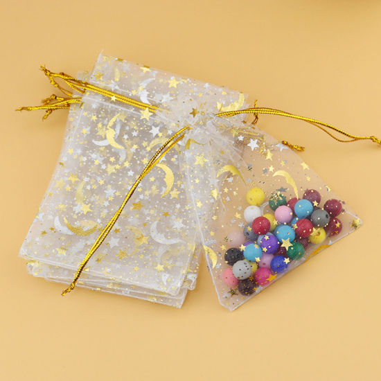 Image de Cadeau de Mariage Sac à Cordon en Organza Galaxie Demi Lune Blanc Etoile 12cm x 9cm, 20 Pcs