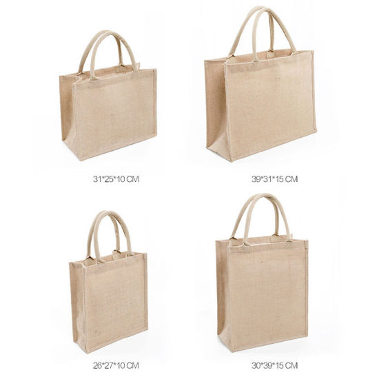 ベージュ-エコバック大容量防水PVCメンブレンジュートトートバッグ、コットンハンドル39x31x15cm、1 個 の画像