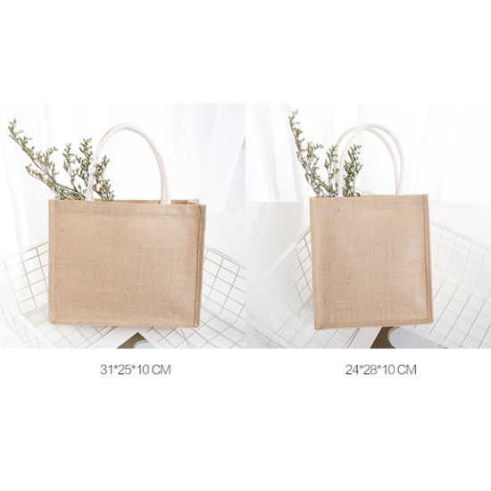 ベージュ-エコバック大容量防水PVCメンブレンジュートトートバッグ、コットンハンドル39x31x15cm、1 個 の画像