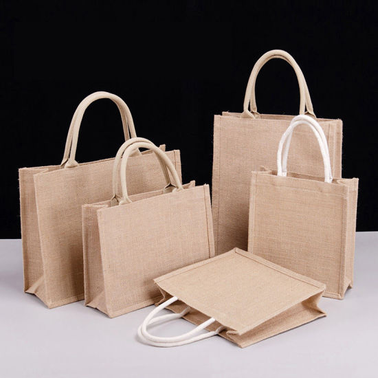 ベージュ-エコバック大容量防水PVCメンブレンジュートトートバッグ、コットンハンドル39x31x15cm、1 個 の画像