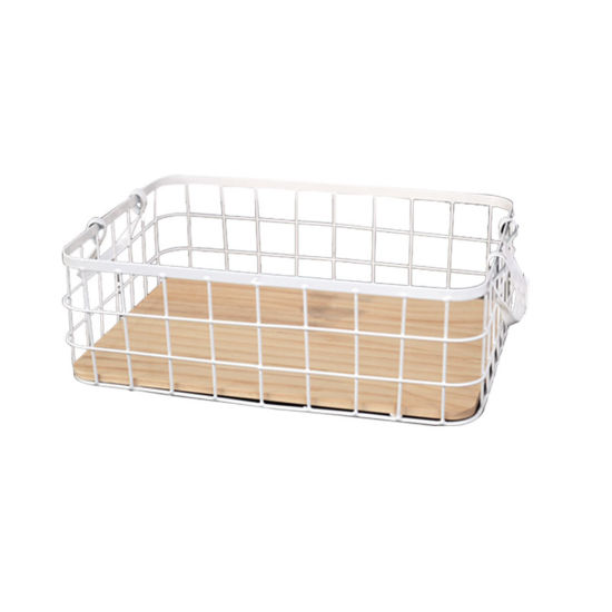 Image de Blanc - Panier De Rangement En Grille En Fer Forgé Avec Planche De Bois 32X22X11Cm, 1 Pièce
