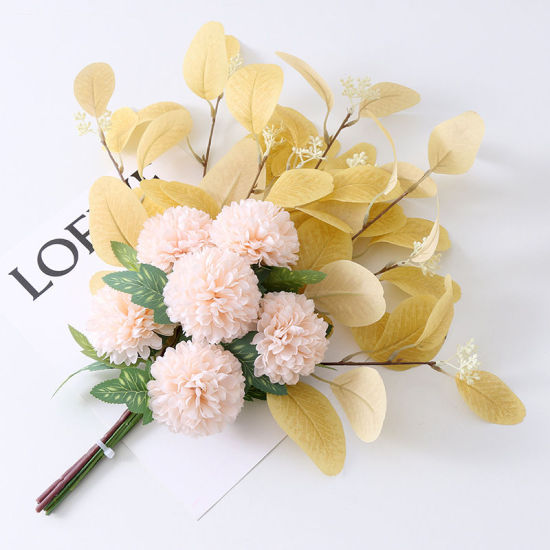 Image de Champagne clair - Pompon Fleur en Faux Soie Simulation Feuille d'Eucalyptus Décoration 47cm de long, 1 Bouquet