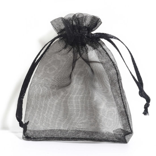 Image de Sac à Cordon en Organza Rectangle Noir (Espace Utilisable: 7x7cm) 9cm x 7cm, 50 Pcs