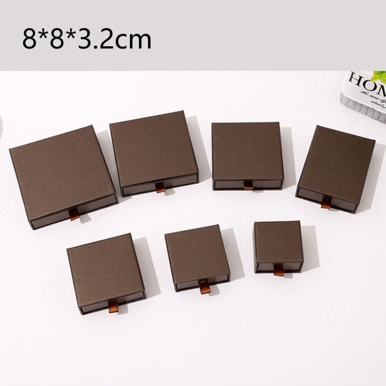 Imagen de 1 Unidad Caja de Regalo de Joyería con Cajón Extraíble Papel de Cuadrado , Café 8cm x 8cm x 3.2cm