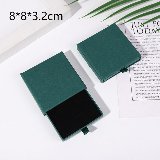 Imagen de 1 Unidad Caja de Regalo de Joyería con Cajón Extraíble Papel de Cuadrado , Verde Oscuro 8cm x 8cm x 3.2cm