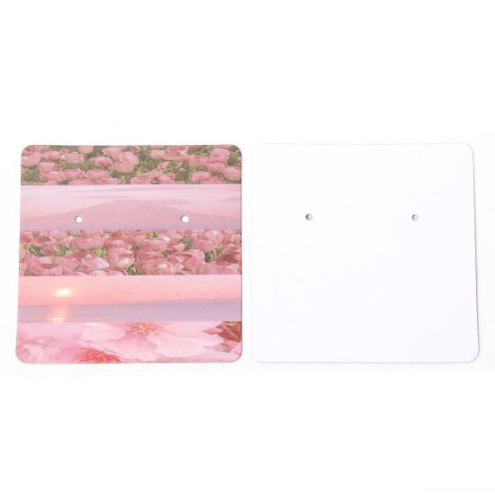 50 個 アートペーパー ジュエリーイヤリングディスプレイカード 正方形 ピンク 花パターン 6cm x 6cm、 の画像