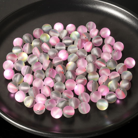 Image de 100 Pcs Perle Polaris Imitation en Verre Rond Rose Translucide Givré, Env. 8mm Dia, Trou: 0.9mm