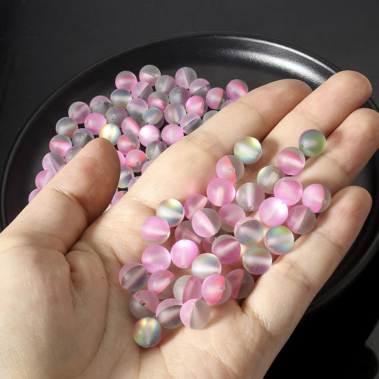 Image de 100 Pcs Perle Polaris Imitation en Verre Rond Rose Translucide Givré, Env. 8mm Dia, Trou: 0.9mm