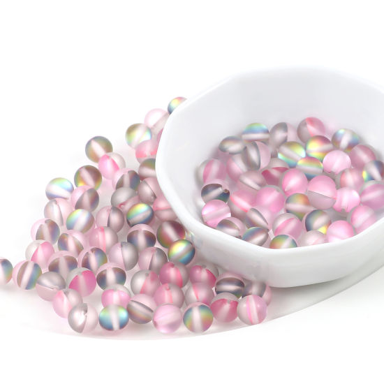 Image de 100 Pcs Perle Polaris Imitation en Verre Rond Rose Translucide Givré, Env. 8mm Dia, Trou: 0.9mm