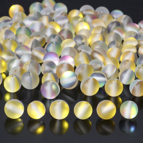Image de 100 Pcs Perle Polaris Imitation en Verre Rond Jaune Translucide Givré, Env. 8mm Dia, Trou: 0.9mm