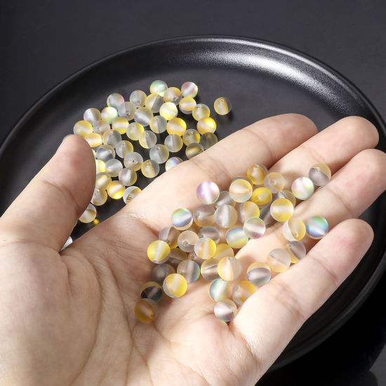 Image de 100 Pcs Perle Polaris Imitation en Verre Rond Jaune Translucide Givré, Env. 8mm Dia, Trou: 0.9mm