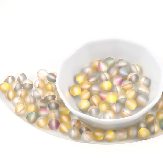 Image de 100 Pcs Perle Polaris Imitation en Verre Rond Jaune Translucide Givré, Env. 8mm Dia, Trou: 0.9mm