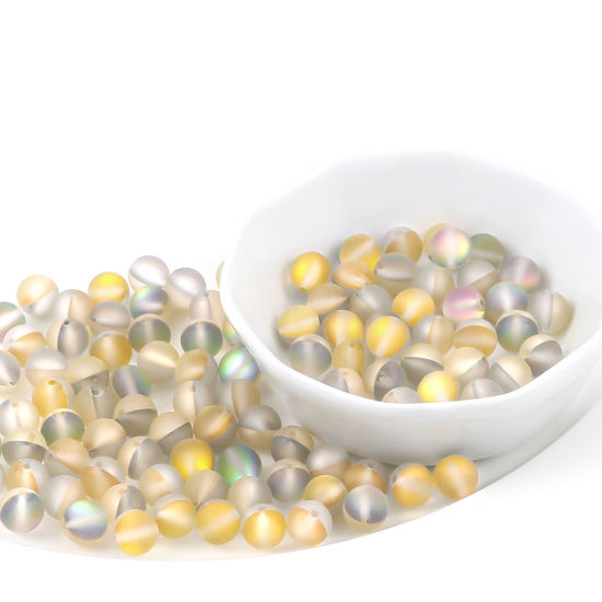 Image de 100 Pcs Perle Polaris Imitation en Verre Rond Jaune Translucide Givré, Env. 8mm Dia, Trou: 0.9mm