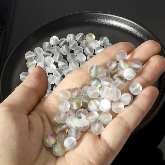 Image de 100 Pcs Perle Polaris Imitation en Verre Rond Multicolore Translucide Givré, Env. 8mm Dia, Trou: 0.9mm