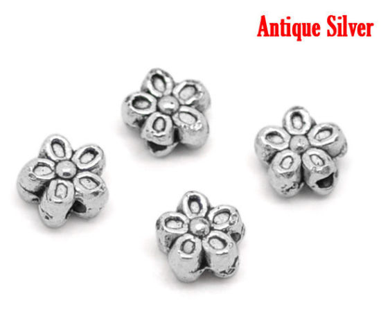 亜鉛合金 メタル/金属 スペーサー ビーズ 花 銀古美 ドット彫刻 約6mm x 6mm - 7mm x 7mm、穴：約1.3mm、 50 個 の画像