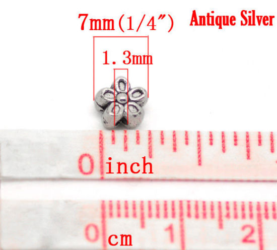 亜鉛合金 メタル/金属 スペーサー ビーズ 花 銀古美 ドット彫刻 約6mm x 6mm - 7mm x 7mm、穴：約1.3mm、 50 個 の画像