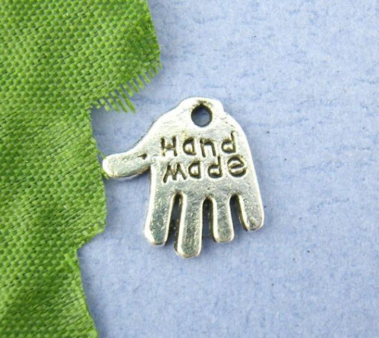 Image de Breloques en Alliage de Zinc Paume Argent Vieilli Gravé Mots "Hand Made" 11x12mm, 80 pcs
