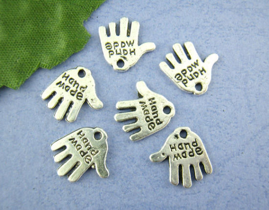 Image de Breloques en Alliage de Zinc Paume Argent Vieilli Gravé Mots "Hand Made" 11x12mm, 80 pcs