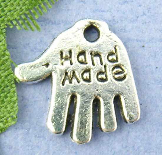 Image de Breloques en Alliage de Zinc Paume Argent Vieilli Gravé Mots "Hand Made" 11x12mm, 80 pcs