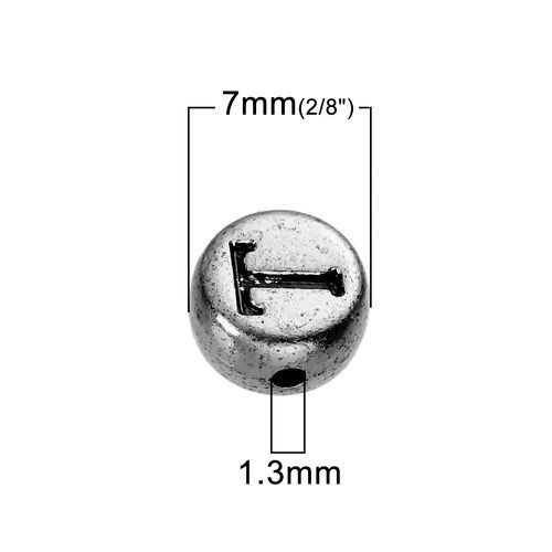 アクリル スペーサー ビーズ 円形 銀古美 ロシア アルファベット 約 7mm直径、 穴：約 1.3mm、 400 個 の画像