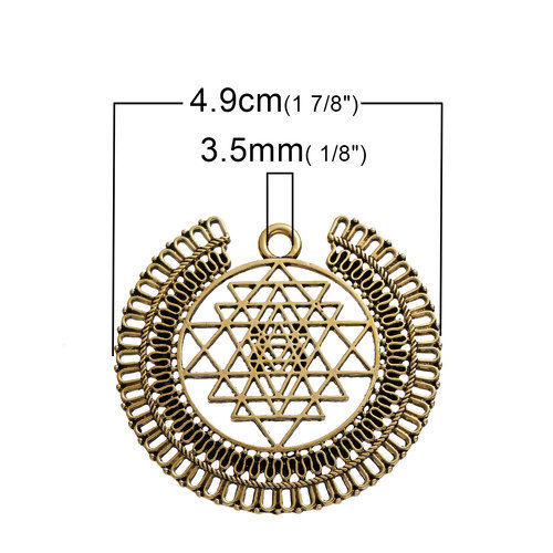 亜鉛合金 シュリヤントラ瞑想 ペンダント 円形 金古美 透かし 49mmx 47mm、 2 個 の画像