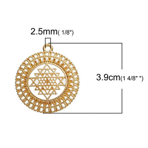 亜鉛合金 シュリヤントラ瞑想 ペンダント 円形 金メッキ 透かし 39mmx 34mm、 5 個 の画像