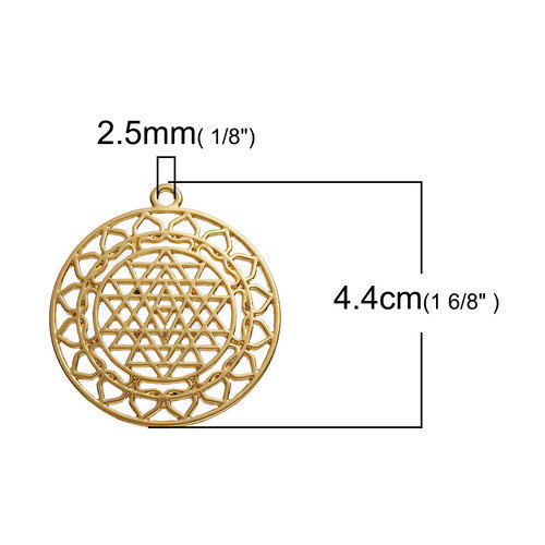 亜鉛合金 シュリヤントラ瞑想 ペンダント 円形 金メッキ 透かし 44mmx 40mm、 3 個 の画像