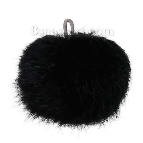 Image de Pompon en Angora Balle Noir avec 1 Boucle 8cm Dia, 2 Pcs